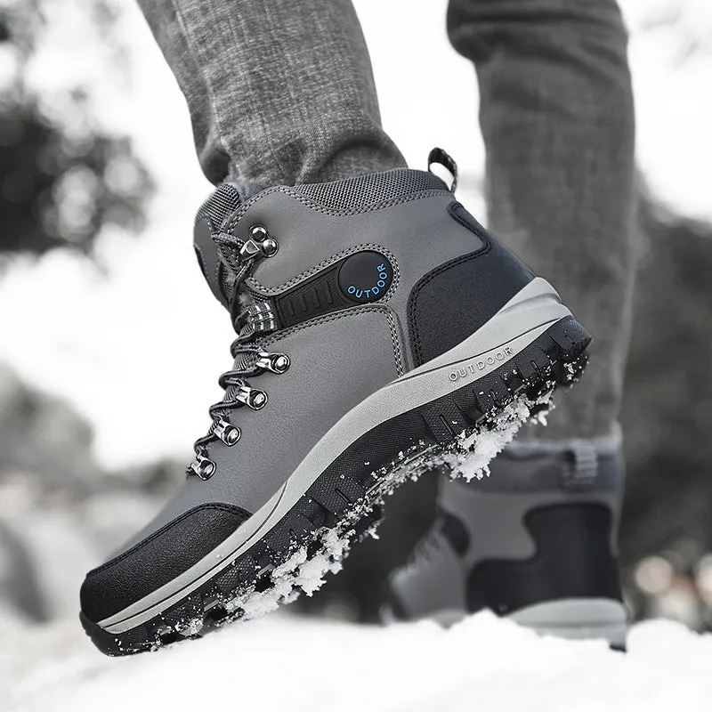 Men's winter snow boots with warm plush lining, lace-up synthetic leather upper, TPR sole, grey plus colour option