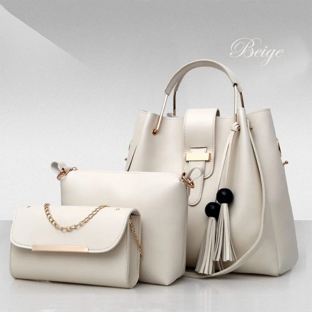 Women's 3 piece PU leather handbag set with shoulder bag, crossbody bag, and tote with tassel and metal handle