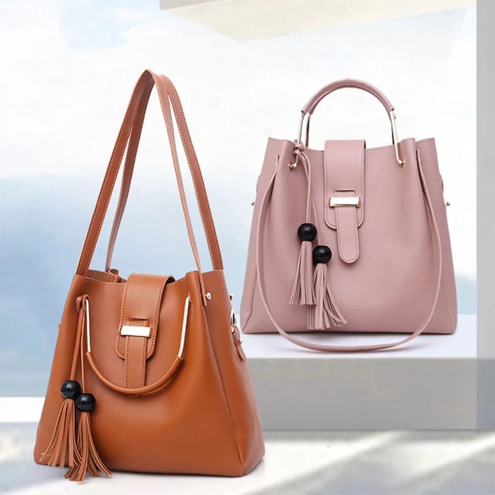 Women's 3 piece PU leather handbag set with shoulder bag, crossbody bag, and tote with tassel and metal handle