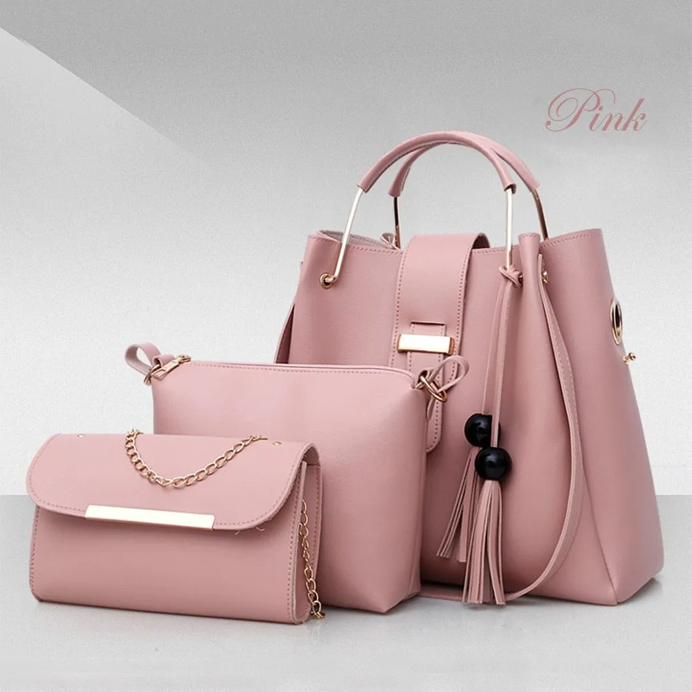 Women's 3 piece PU leather handbag set with shoulder bag, crossbody bag, and tote with tassel and metal handle