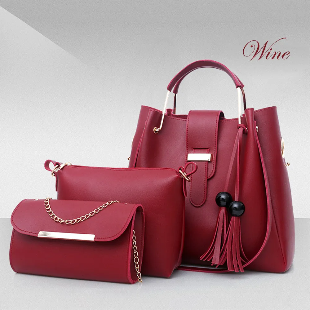 Women's 3 piece PU leather handbag set with shoulder bag, crossbody bag, and tote with tassel and metal handle