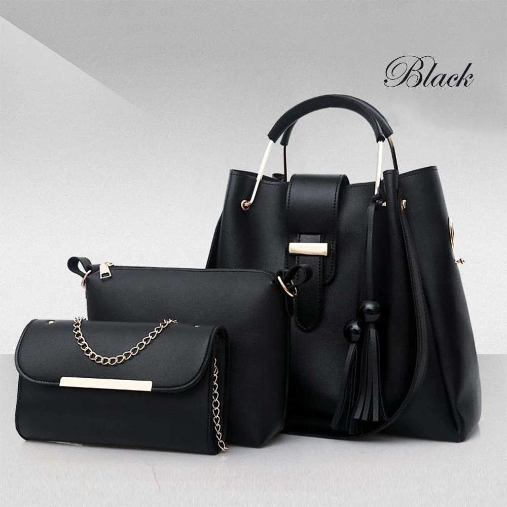 Women's 3 piece PU leather handbag set with shoulder bag, crossbody bag, and tote with tassel and metal handle