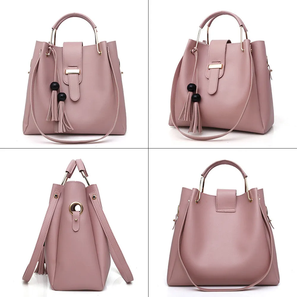 Women's 3 piece PU leather handbag set with shoulder bag, crossbody bag, and tote with tassel and metal handle