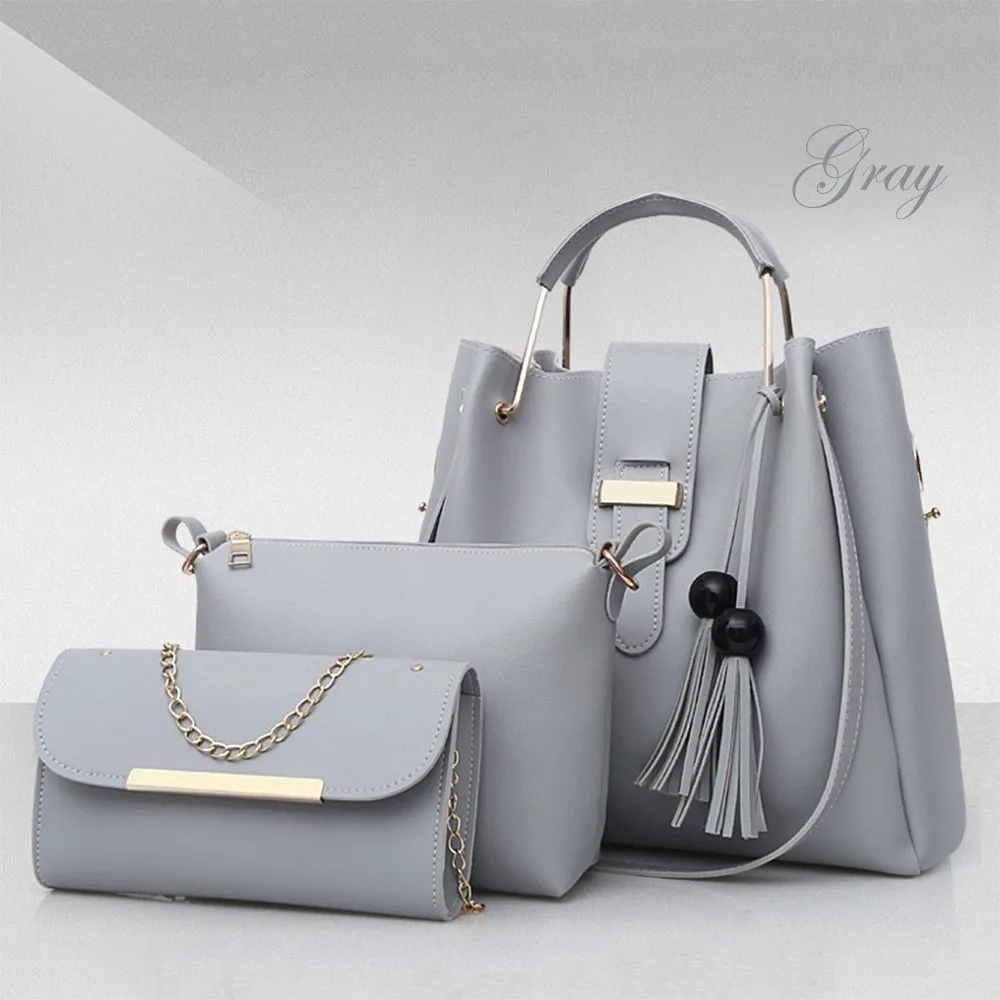 Women's 3 piece PU leather handbag set with shoulder bag, crossbody bag, and tote with tassel and metal handle
