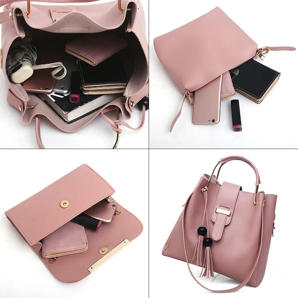 Women's 3 piece PU leather handbag set with shoulder bag, crossbody bag, and tote with tassel and metal handle