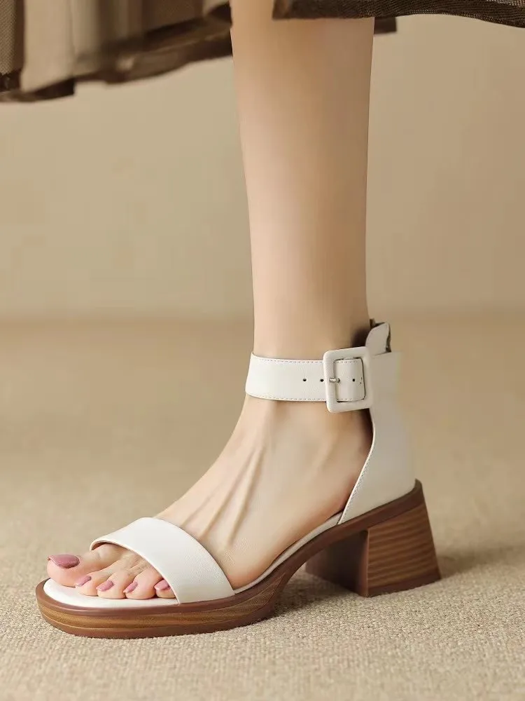 White retro ankle-strap platform heels for women with round toe design