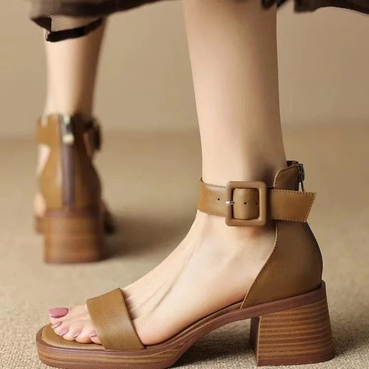 White retro ankle-strap platform heels for women with round toe design