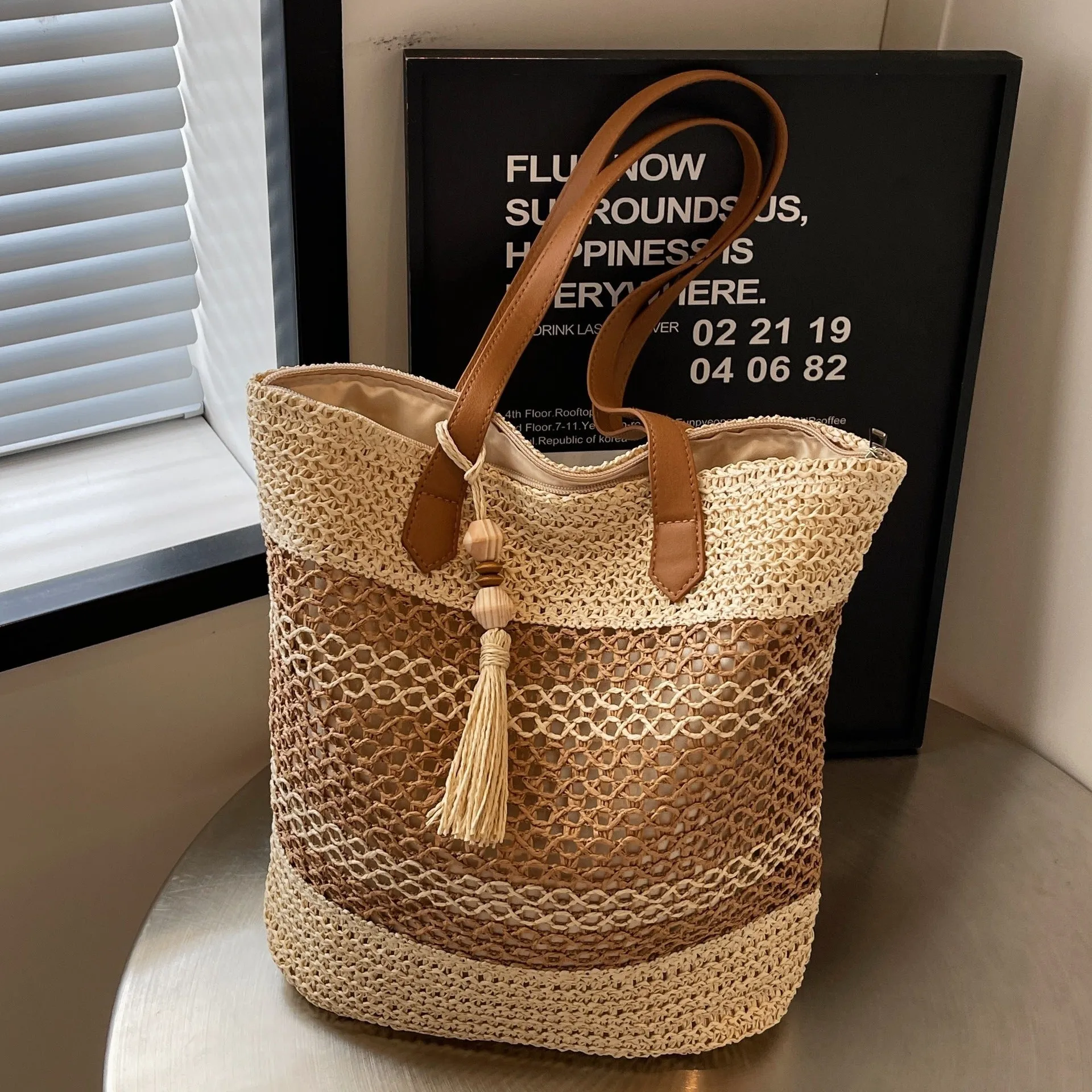 Summer straw shoulder bag with tassel pendant, large capacity, horizontal square shape, brown colour