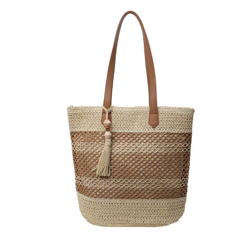 Summer straw shoulder bag with tassel pendant, large capacity, horizontal square shape, brown colour