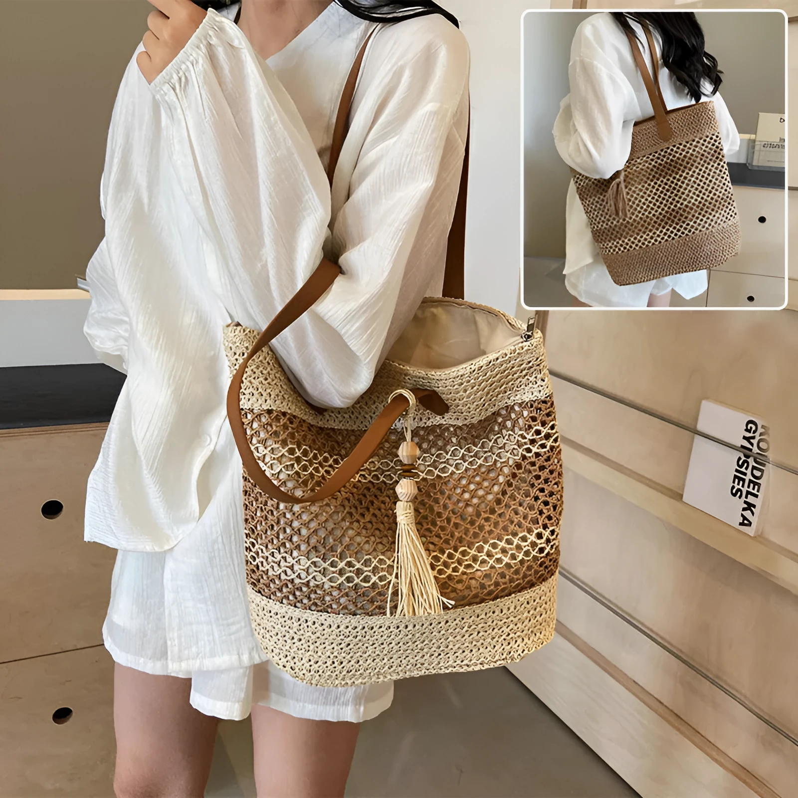 Summer straw shoulder bag with tassel pendant, large capacity, horizontal square shape, brown colour