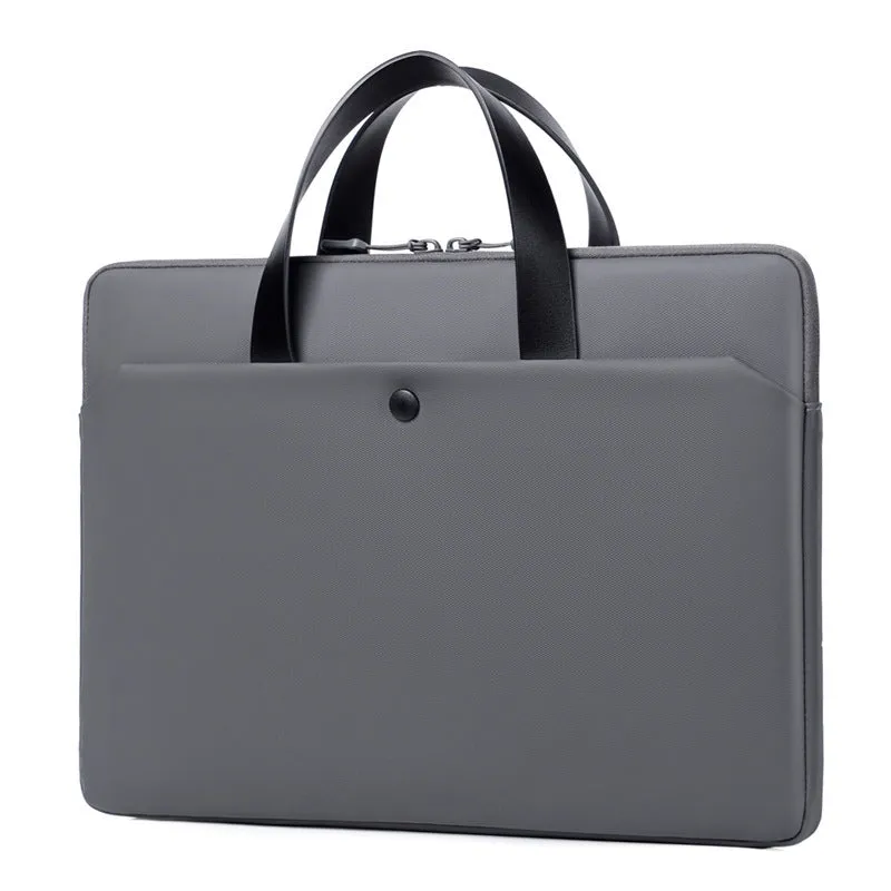 Ultra-thin leather laptop case in light grey with zipper closure and soft handle for 14 inch devices