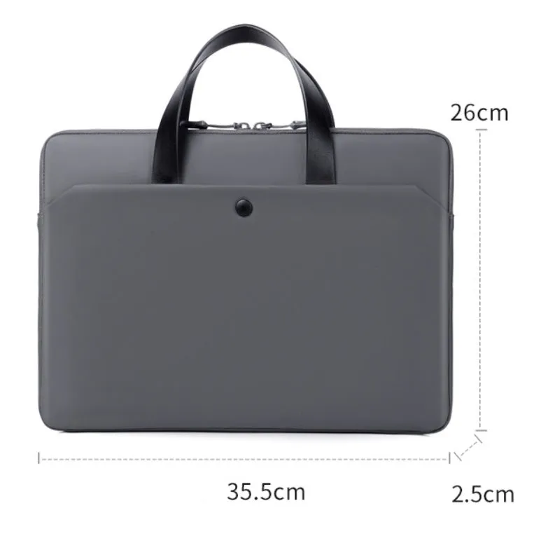 Ultra-thin leather laptop case in light grey with zipper closure and soft handle for 14 inch devices