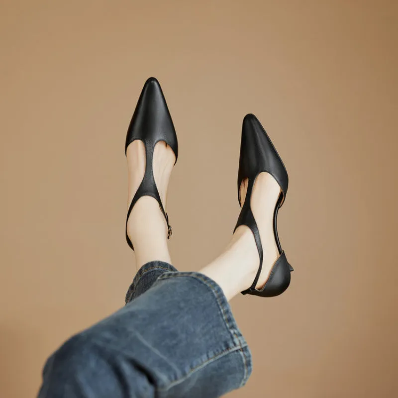 Women's cowhide leather high heels with pointed toe in black or brown colour