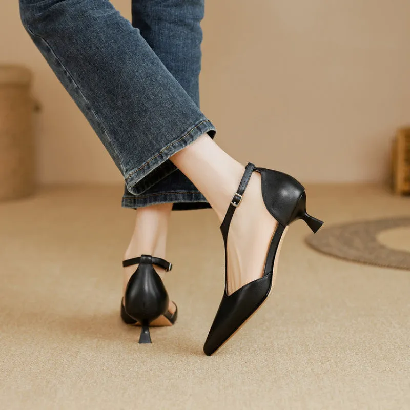 Women's cowhide leather high heels with pointed toe in black or brown colour