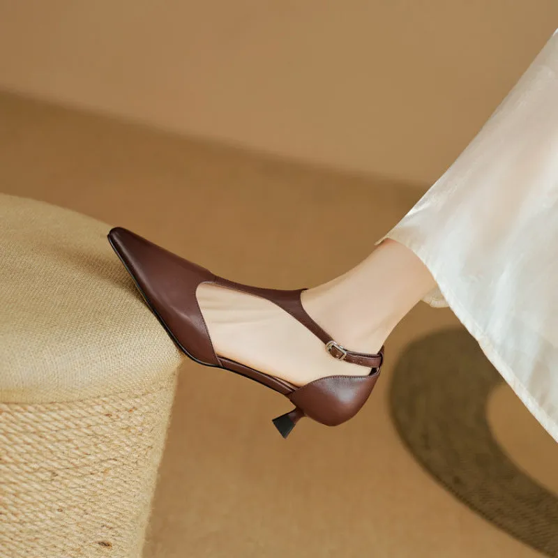 Women's cowhide leather high heels with pointed toe in black or brown colour