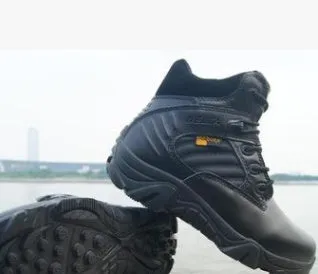 Delta high top army boots in black with cowhide leather upper, rubber sole, and cotton lining