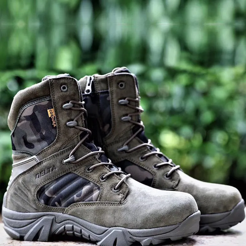 Delta high top army boots in black with cowhide leather upper, rubber sole, and cotton lining
