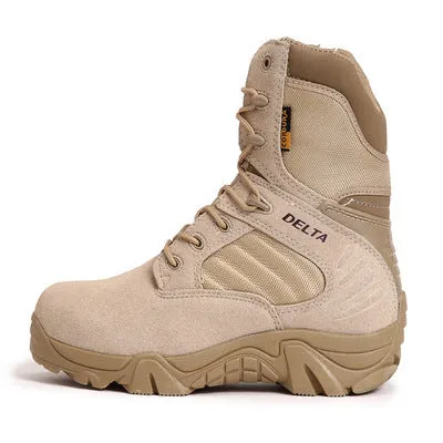 Delta high top army boots in black with cowhide leather upper, rubber sole, and cotton lining