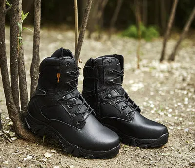 Delta high top army boots in black with cowhide leather upper, rubber sole, and cotton lining