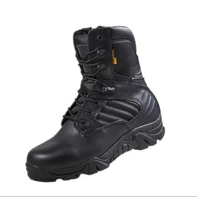 Delta high top army boots in black with cowhide leather upper, rubber sole, and cotton lining