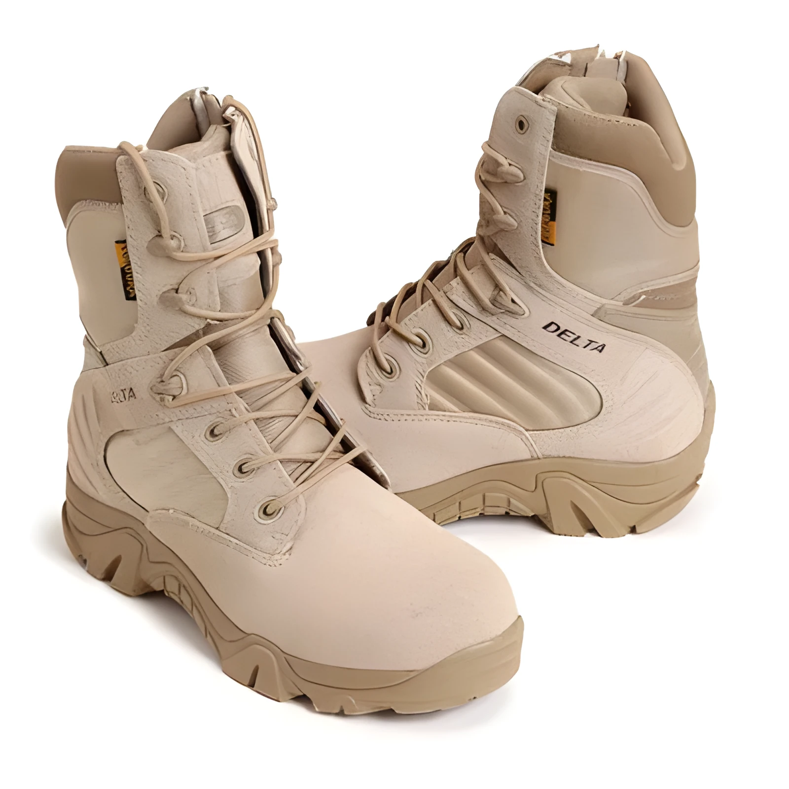 Delta high top army boots in black with cowhide leather upper, rubber sole, and cotton lining