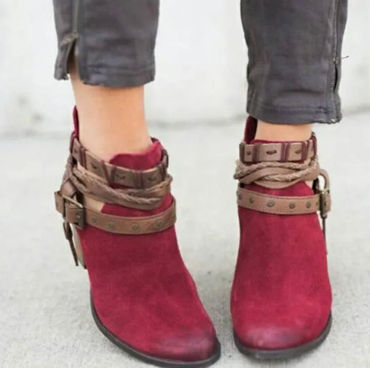 Women's suede high-heeled Martin boots with rivets and belt buckle, round toe, thick heel, mid-calf, red colour