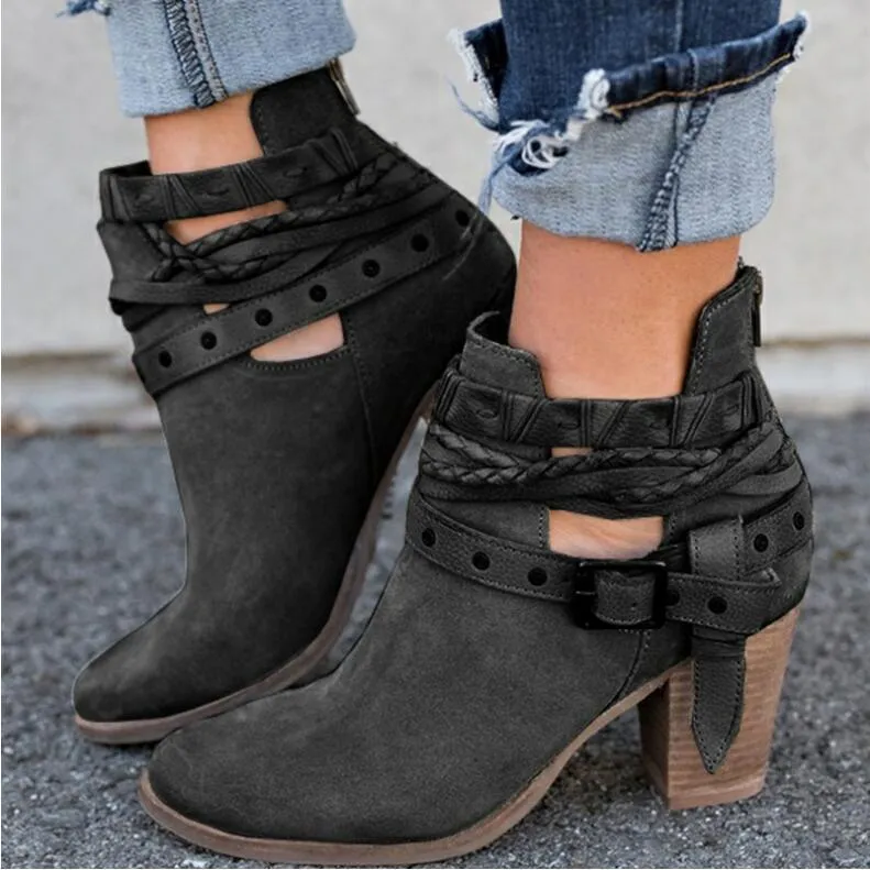 Women's suede high-heeled Martin boots with rivets and belt buckle, round toe, thick heel, mid-calf, red colour