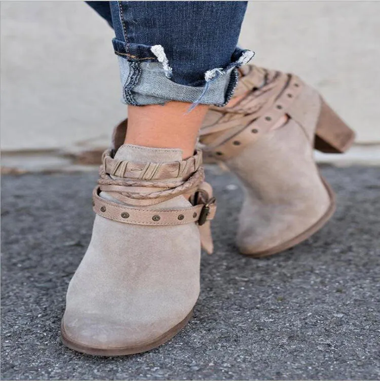 Women's suede high-heeled Martin boots with rivets and belt buckle, round toe, thick heel, mid-calf, red colour