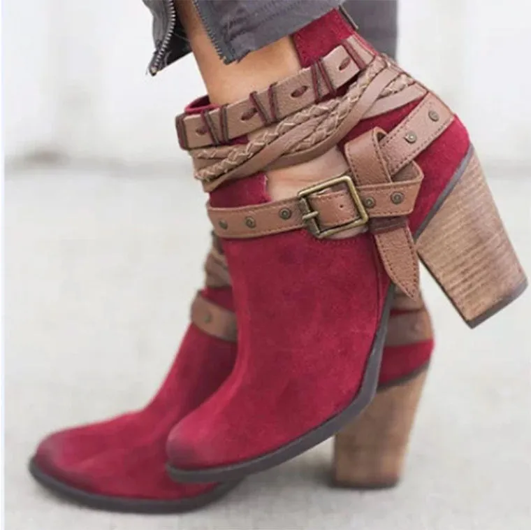 Women's suede high-heeled Martin boots with rivets and belt buckle, round toe, thick heel, mid-calf, red colour