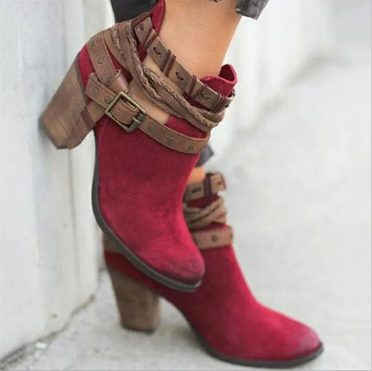 Women's suede high-heeled Martin boots with rivets and belt buckle, round toe, thick heel, mid-calf, red colour