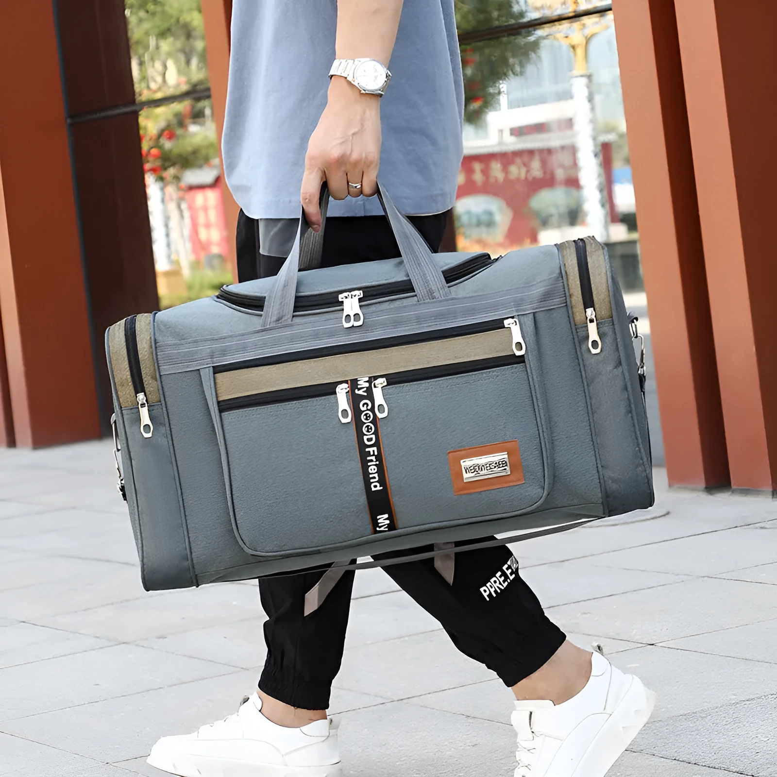 Khaki Oxford cloth travel luggage bag for students with 20-35L capacity on a white background