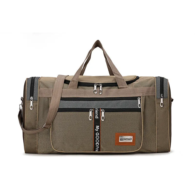 Khaki Oxford cloth travel luggage bag for students with 20-35L capacity on a white background
