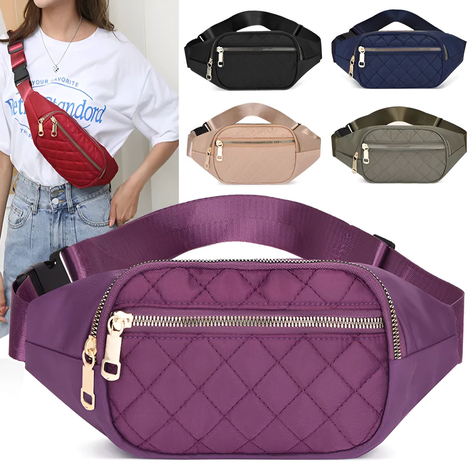 Rhombus fanny pack for women in solid colour, crossbody waist bag with zippered compartments