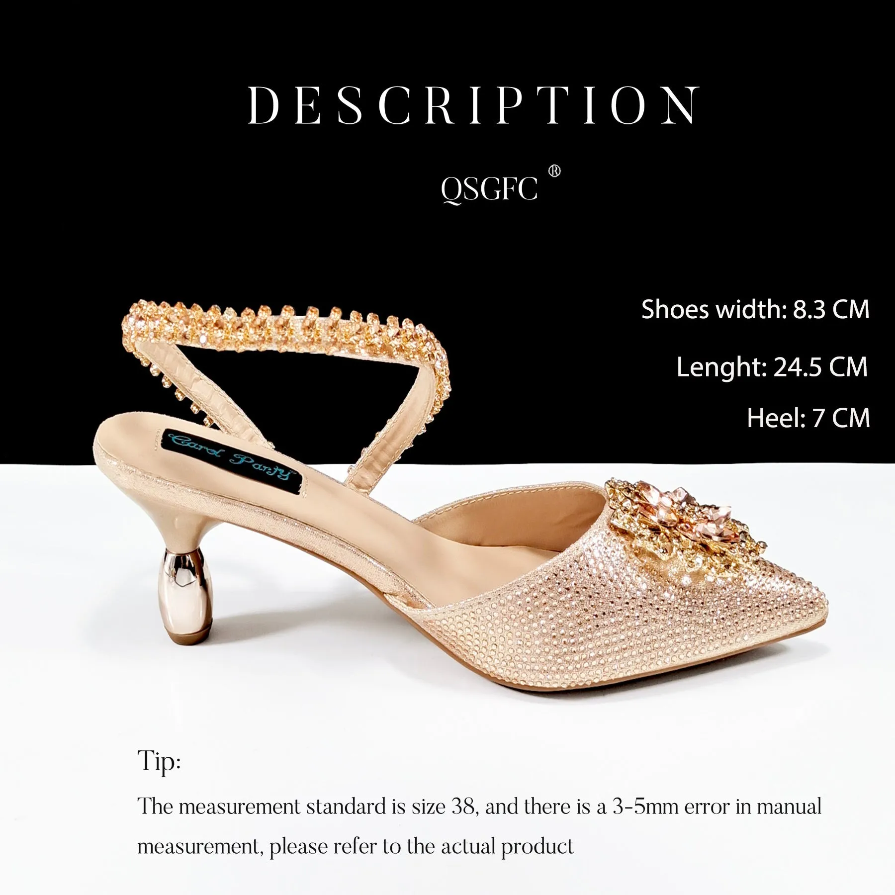 Women's black high-heel ankle strap sandal with rhinestone flower buckle and matching hard clutch bag.