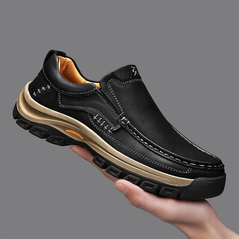 Men's black mountaineering shoes with thick rubber soles and stitched PU leather upper