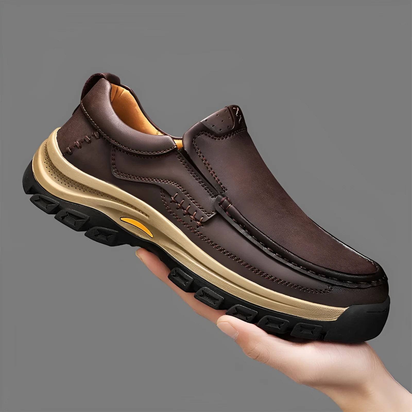 Men's black mountaineering shoes with thick rubber soles and stitched PU leather upper