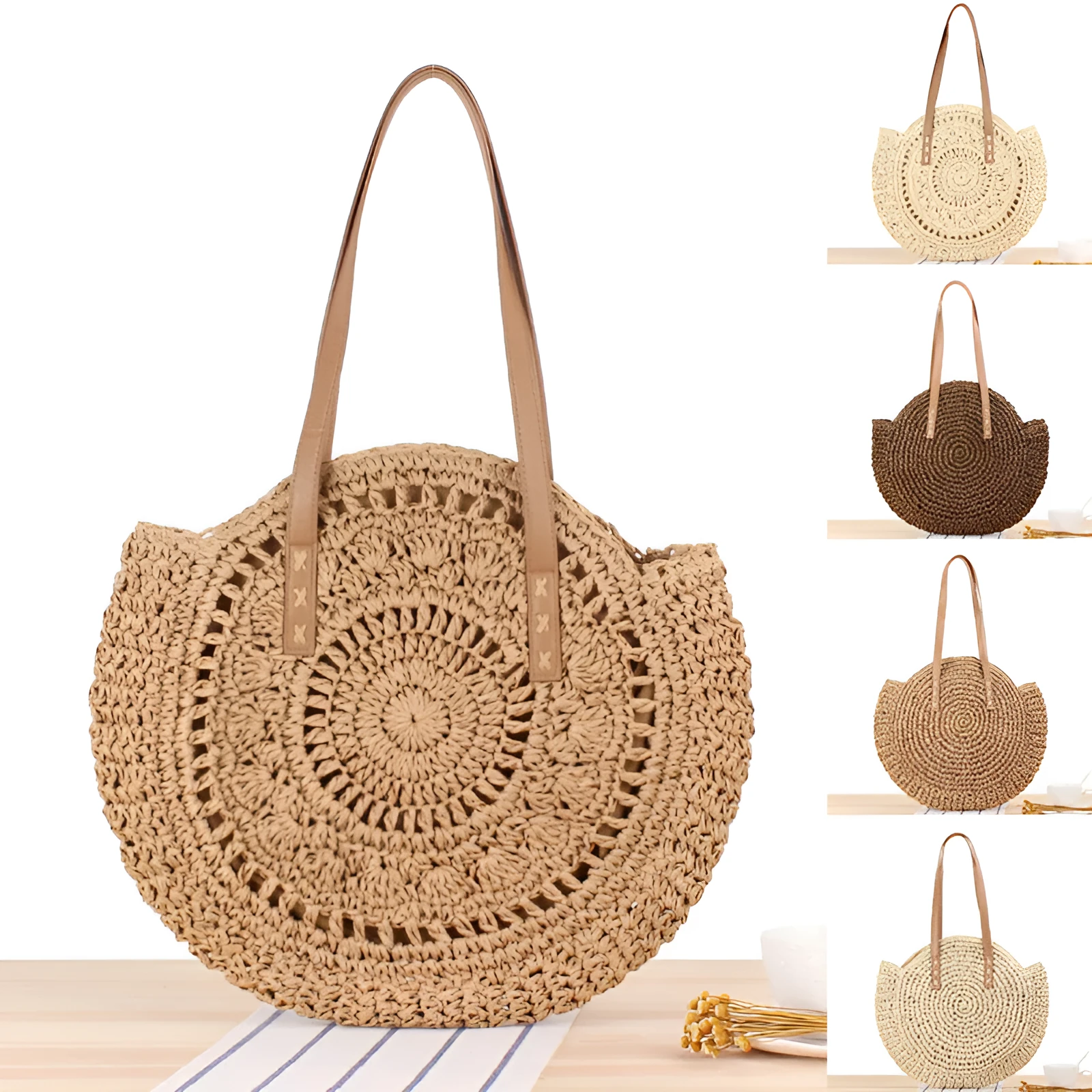 Medium beige straw round shoulder bag with woven finish and zip closure
