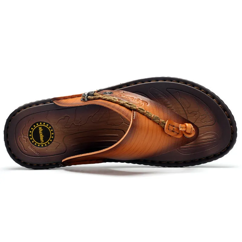 Plus size men's herringbone pattern outdoor slippers in dark blue with leather lining