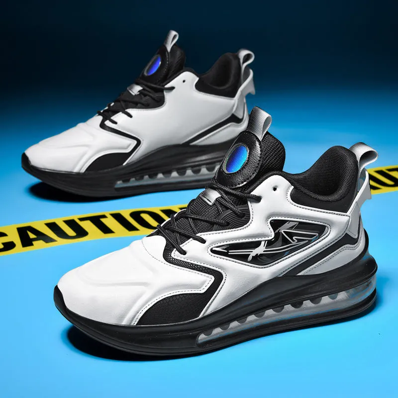 Men's colour-matching lace-up air cushion sneakers in white with thick sole and microfiber upper