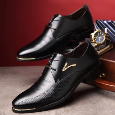Men's black patent leather pointed toe dress shoes with elastic band closure and PU upper