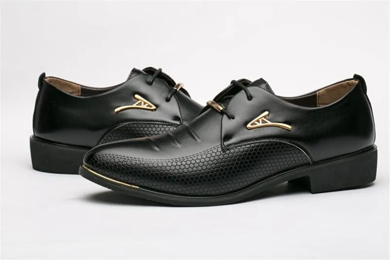 Men's black patent leather pointed toe dress shoes with elastic band closure and PU upper