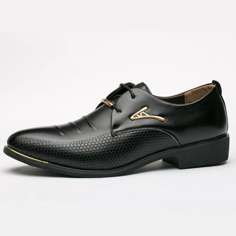 Men's black patent leather pointed toe dress shoes with elastic band closure and PU upper