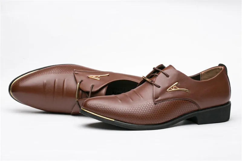 Men's black patent leather pointed toe dress shoes with elastic band closure and PU upper