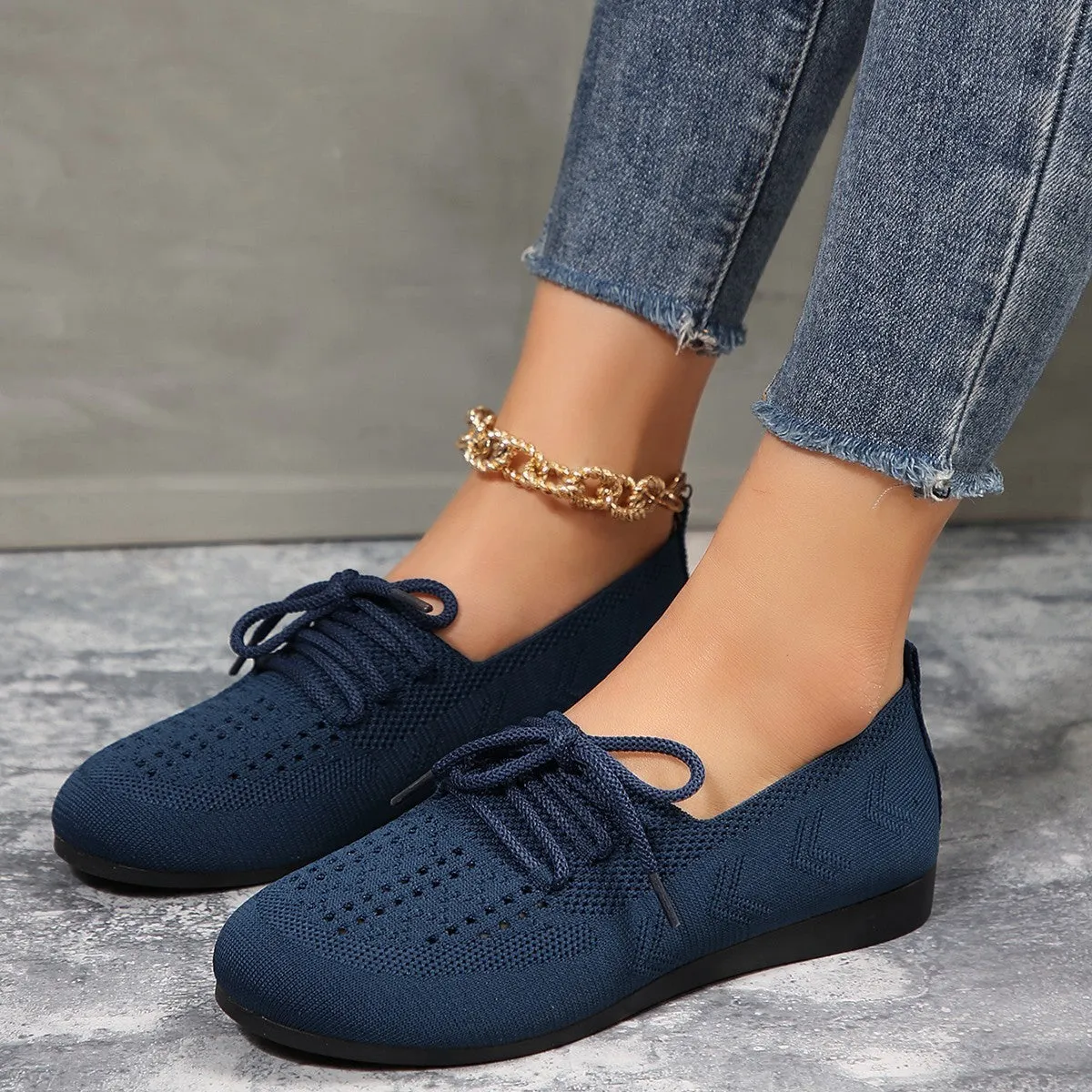 Lace-up flats women breathable mesh round toe shoes in black, blue, brown, light grey