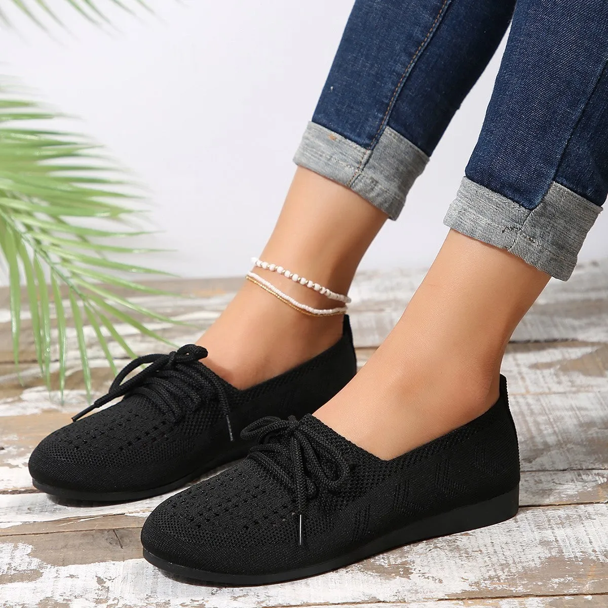 Lace-up flats women breathable mesh round toe shoes in black, blue, brown, light grey