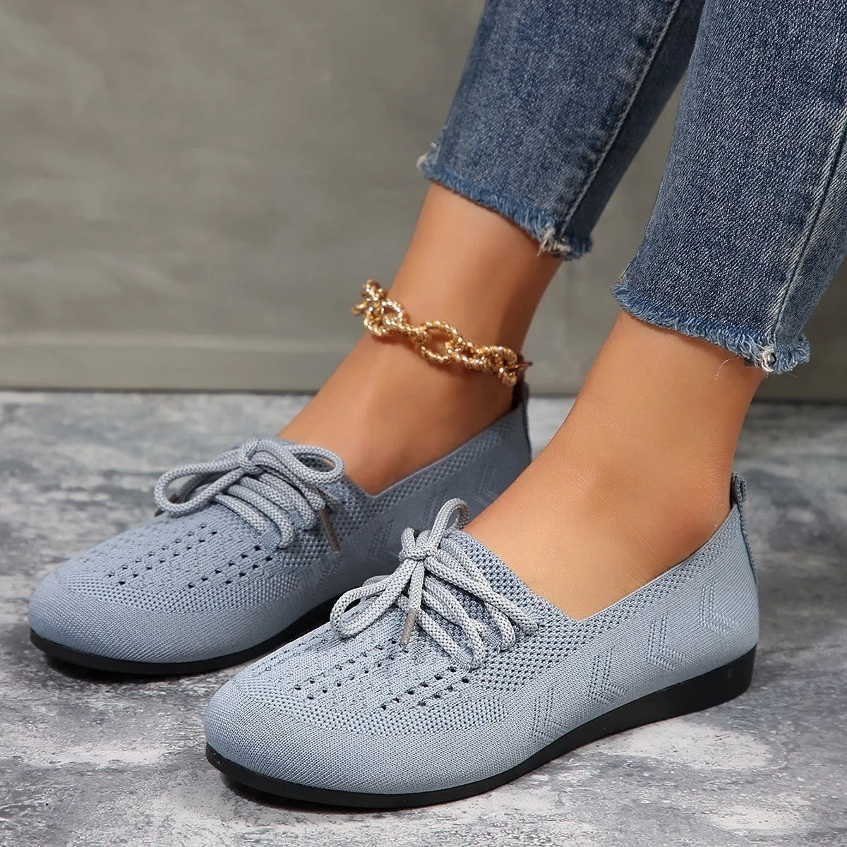 Lace-up flats women breathable mesh round toe shoes in black, blue, brown, light grey