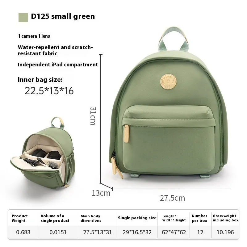 Green polyester shoulder camera bag for women with a curved strap and front patchwork panel.