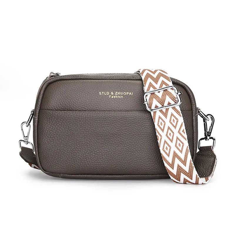 Genuine leather small square shoulder messenger bag in black with adjustable strap and top layer cowhide finish