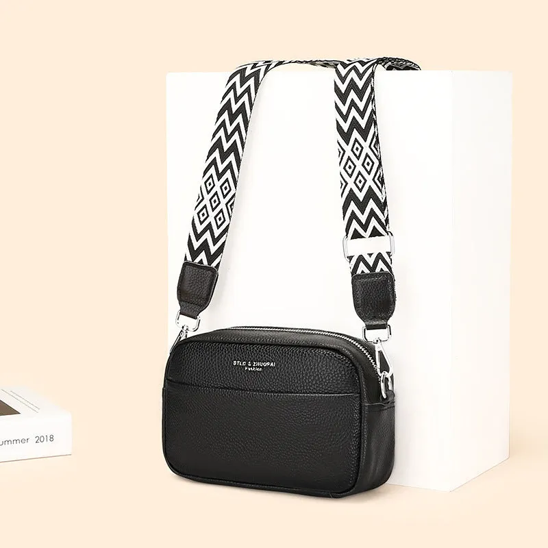 Genuine leather small square shoulder messenger bag in black with adjustable strap and top layer cowhide finish
