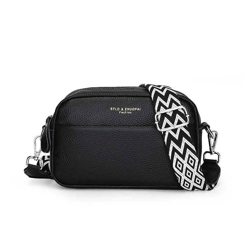Genuine leather small square shoulder messenger bag in black with adjustable strap and top layer cowhide finish